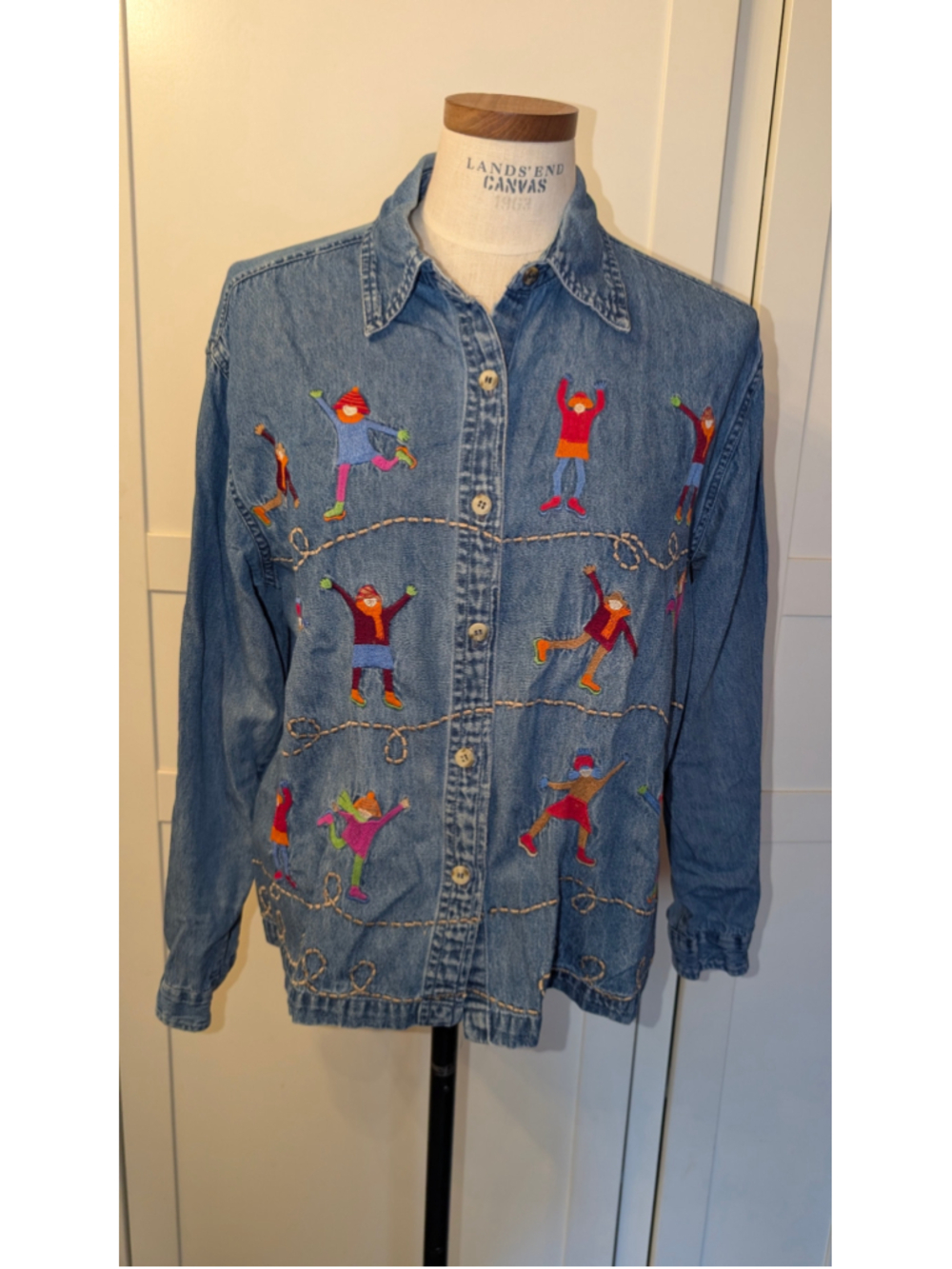Vintage 90s New Direction Denim Button Down Shirt Large Blue Embroidered